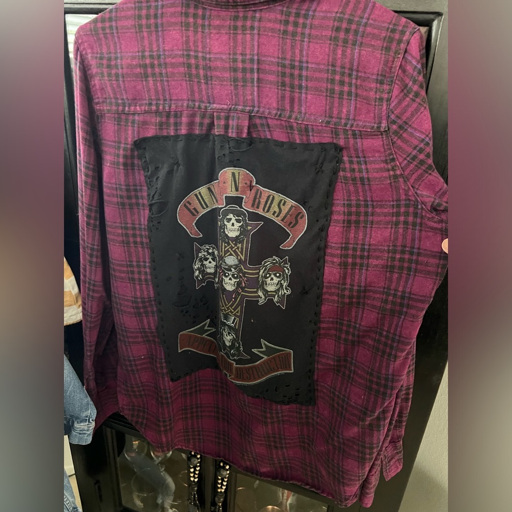 One of a kind upcycled flannel with Guns and Roses print